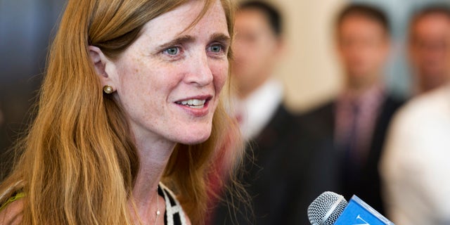 In a photo provided by the United Nations, the United States new ambassador to the UN Samantha Power speaks before presenting her credentials to UN Secretary General Ban Ki-moon, Monday, Aug. 5, 2013, at UN headquarters. A former foreign policy adviser to President Barack Obama, Power succeeds Susan Rice, now the president's national security adviser. (AP Photo/Mark Garten, United Nations)