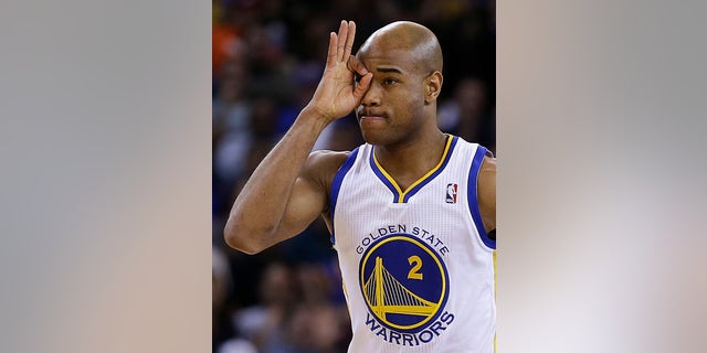 Golden State Warriors' Jarrett Jack gestures after scoring a 3-point basket during the first half of an NBA basketball game against the Oklahoma Thunder on Thursday, April 11, 2013, in Oakland, Calif. (AP Photo/Ben Margot)