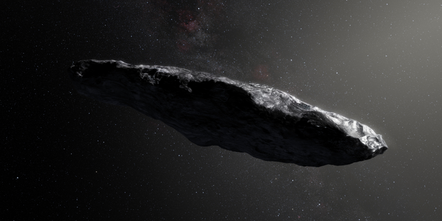 An artist's illustration of the interstellar object known as 'Oumuamua, the first object ever to be discovered passing through our solar system from somewhere beyond.