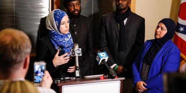 Roula Allouch, the board chairwoman of the Council on American-Islamic Relations, left, seen speaking in 2016.