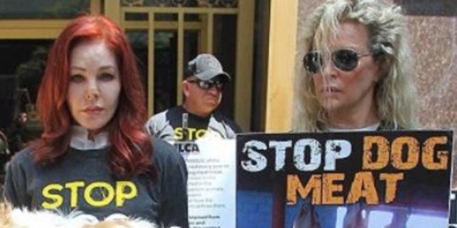 Priscilla Presley and actress Kim Basinger protest dog meat in Los Angeles.