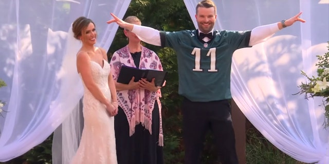 Jennifer Sullivan, in a gorgeous white gown, and Patrick Hanks, in Carson Wentz jersey, tied the knot over Memorial Day weekend.