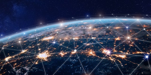 Global world telecommunication network with nodes connected around earth. Earth image from NASA (Credit: NASA)
