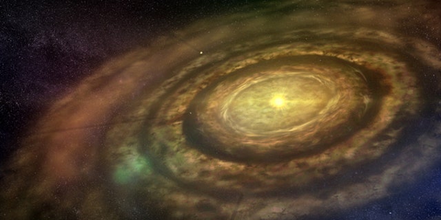 An artist conception of a newly formed star surrounded by a swirling protoplanetary disk of dust and gas, where debris coalesces to create rocky 'planetesimals' that collide and grow to eventually form planets. A new study suggests small rocky