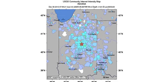 A USGS map locates the magnitude 3.8 quake that struck Central Indiana Thursday morning.