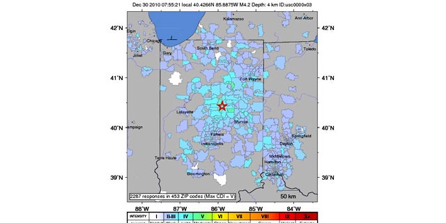 A USGS map locates the magnitude 3.8 quake that struck Central Indiana Thursday morning.