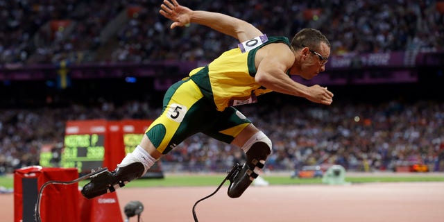South Africa's Oscar Pistorius Aug. 5, 2012, starts in the men's 400-meter semifinal during the athletics in the Olympic Stadium at the 2012 Summer Olympics in London.
