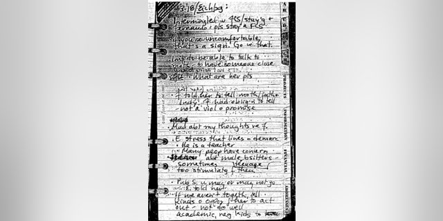 Alison Thresher’s journal entry from March 18, 2000 reads: “If you’re uncomfortable that’s a sign. Go with that … Mad abt my thoughts re F (Fernando). Stress that lines of demarc. He is a teacher. Many people have concern abt male bsitters sometimes too stimulating for them.”