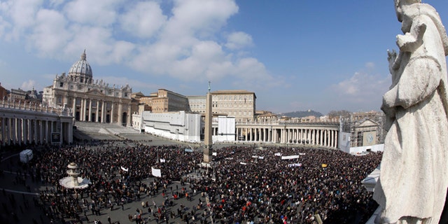 Faithful gather to listen to Pope Benedict XVI's Angelus Prayer in St. Peter's Square at the Vatican on Feb. 17, 2013.