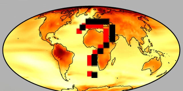 The predicted temperature changes (darker red indicating greater change) due to global warming, based on data that scientists, policymakers and the public are now questioning.