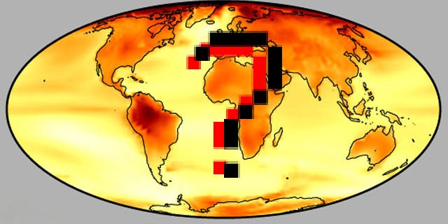The predicted temperature changes (darker red indicating greater change) due to global warming, based on data that scientists, policymakers and the public are now questioning.