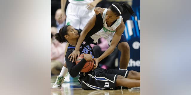 Notre Dame's Lindsay Allen, right, reaches in on Duke's Ka'lia Johnson, left, during the second half of the NCAA college basketball championship game in the Atlantic Coast Conference tournament in Greensboro, N.C., Sunday, March 9, 2014. (AP Photo/Chuck Burton)