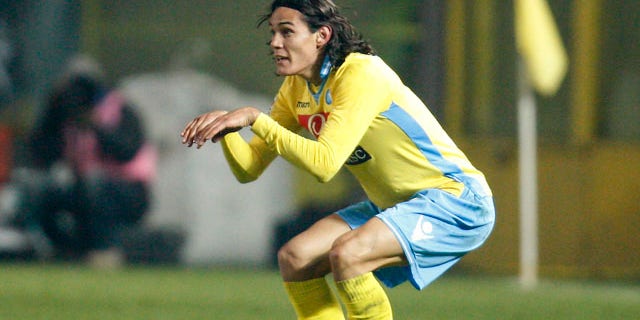 Napoli forward Edinson Cavani, of Uruguay, celebrates after scoring a last minute equalizer during the Serie A soccer match between Atalanta and Napoli in Bergamo, Italy, Saturday, Nov. 26, 2011. The match ended in a 1 - 1 tie. (AP Photo/Antonio Calanni)