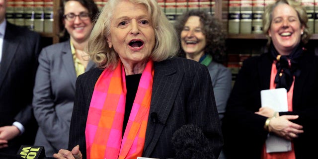 Edith Windsor addresses a news conference at the offices of the New York Civil Liberties Union in October 2012.
