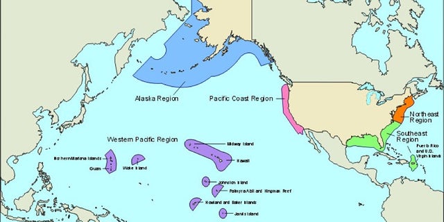 This NOAA map shows the U.S. exclusive economic zone, where the Coast Guard patrols to prevent illegal foreign fishing.