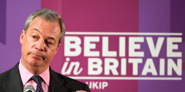 FILE - In this Tuesday, April 28, 2015 file photo, Nigel Farage leader of Britain's United Kingdom Independence Party delivers a speech in Hartlepool, England. The UK Independence Party says the resignation of Nigel Farage as party leader has been rejected and he remains in the post. The announcement Monday, May 11, 2015 came three days after Farage said he was stepping down following his failure to win a seat in Parliament.  (AP Photo/Scott Heppell, File)