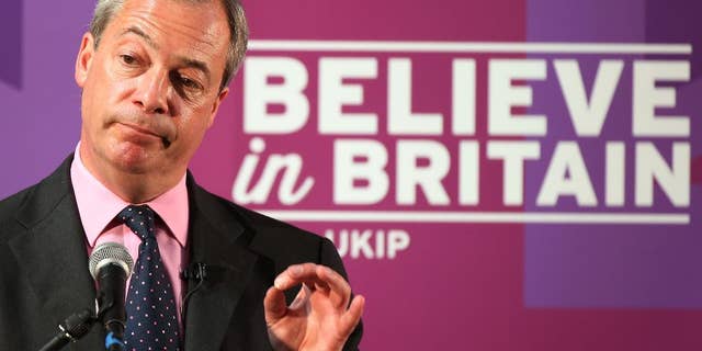 FILE - In this Tuesday, April 28, 2015 file photo, Nigel Farage leader of Britain's United Kingdom Independence Party delivers a speech in Hartlepool, England. The UK Independence Party says the resignation of Nigel Farage as party leader has been rejected and he remains in the post. The announcement Monday, May 11, 2015 came three days after Farage said he was stepping down following his failure to win a seat in Parliament. (AP Photo/Scott Heppell, File)