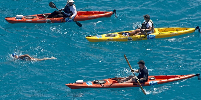 In this photo provided by the Florida Keys News Bureau, Diana Nyad, positioned about two miles off Key West, Fla., Monday, Sept. 2, 2013, is escorted by kayakers as she swims towards the completion of her approximately 110-mile trek from Cuba to the Florida Keys. Nyad, 64, is poised to be the first swimmer to cross the Florida Straits without the security of a shark cage. (AP Photo/Florida Keys News Bureau, Andy Newman)
