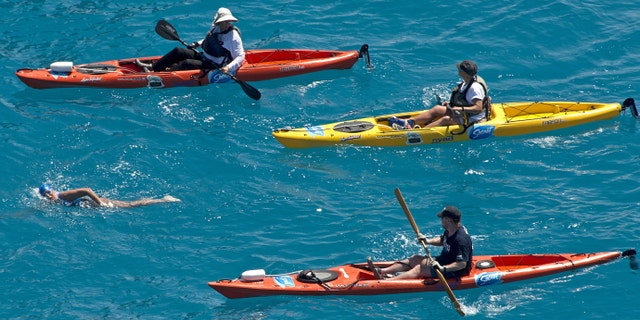 In this photo provided by the Florida Keys News Bureau, Diana Nyad, positioned about two miles off Key West, Fla., Monday, Sept. 2, 2013, is escorted by kayakers as she swims towards the completion of her approximately 110-mile trek from Cuba to the Florida Keys. Nyad, 64, is poised to be the first swimmer to cross the Florida Straits without the security of a shark cage. (AP Photo/Florida Keys News Bureau, Andy Newman)