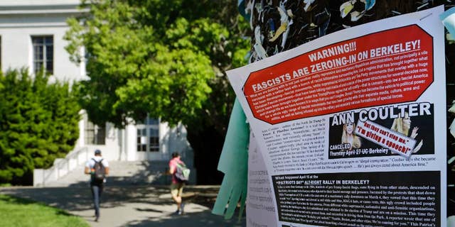 FILE - In this Friday, April 21, 2017, file photo, a leaflet is seen stapled to a message board near Sproul Hall on the University of California at Berkeley in Berkeley, Calif. The University of California, Berkeley says it's preparing for possible violence on campus whether Ann Coulter comes to speak or not. (AP Photo/Ben Margot, File)