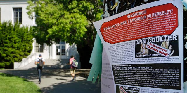 FILE - In this Friday, April 21, 2017, file photo, a leaflet is seen stapled to a message board near Sproul Hall on the University of California at Berkeley in Berkeley, Calif. The University of California, Berkeley says it's preparing for possible violence on campus whether Ann Coulter comes to speak or not. (AP Photo/Ben Margot, File)