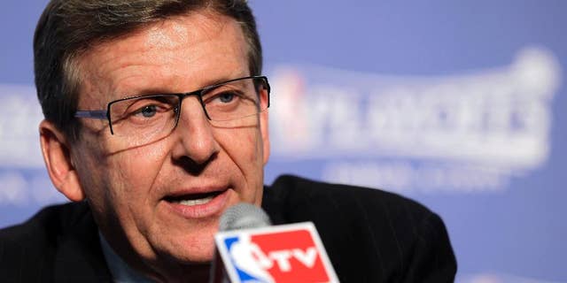 FILE - In this April 24, 2010 file photo, Milwaukee Bucks general manager John Hammond speaks at a news conference before Game 3 in the first round NBA basketball playoffs against the Atlanta Hawks, in Milwaukee. The Bucks could very well be down to taking either Jabari Parker or Andrew Wiggins with the second overall pick in the NBA draft, though Milwaukee's veteran general manager said he'll listen to trade offers too. (AP Photo/Morry Gash, File)