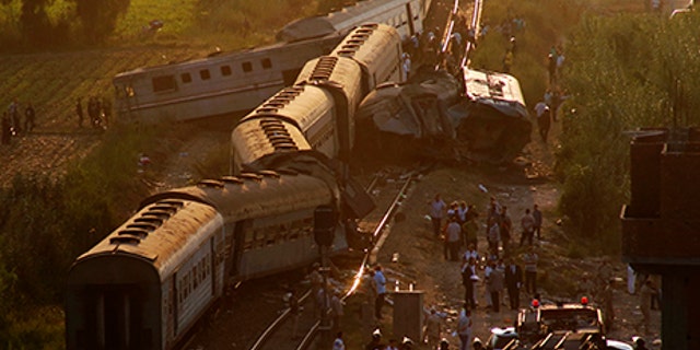 Two trains are seen after they collided just outside Egypt's Mediterranean port city of Alexandria, Friday.