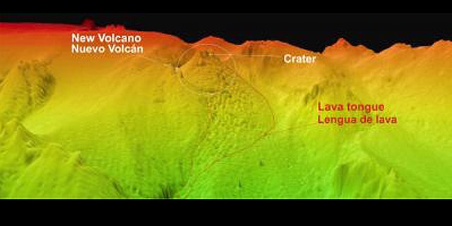 Caption: This image was recently taken and shows the new volcano and its lava tongue that descends in the path of the old underwater valley.