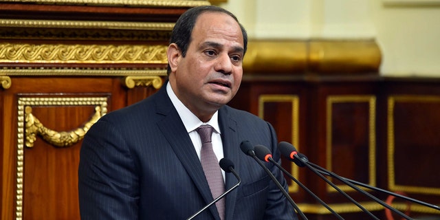 Feb. 13, 2016: In this photo provided by Egypt's state news agency MENA, Egyptian President Abdel-Fattah el-Sissi, addresses parliament in Cairo, Egypt.