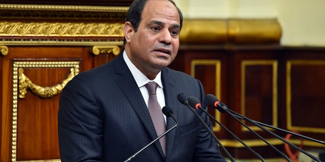 Feb. 13, 2016: In this photo provided by Egypt's state news agency MENA, Egyptian President Abdel-Fattah el-Sissi, addresses parliament in Cairo, Egypt.