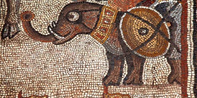 A section of the mosaic showing an elephant discovered in 2013. This section is part of the larger mosaic exposed in summer 2015.