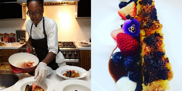 Chef Drummer and her brûléed bread pudding with caramel sauce, macerated berries and chantilly cream