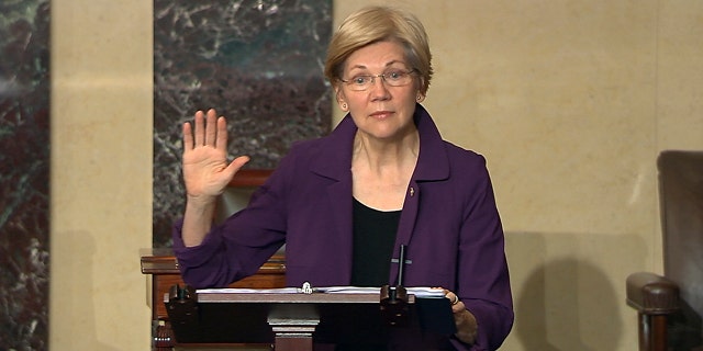 Feb. 6, 2017: Sen. Elizabeth Warren, D-Mass., speaks on the floor of the U.S. Senate in Washington about the nomination of Betsy DeVos to be Education Secretary.