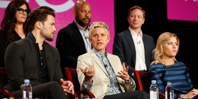 Actors Elisha Cuthbert (R) and Nick Zano (L) and executive producer Ellen DeGeneres speak about the NBC television show "One Big Happy" during the TCA presentations in Pasadena, California.