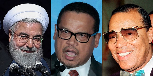 Iranian President Hassan Rouhani, left, invited Rep. Keith Ellison, center, and Louis Farrakhan, right, among others to a dinner in 2013.