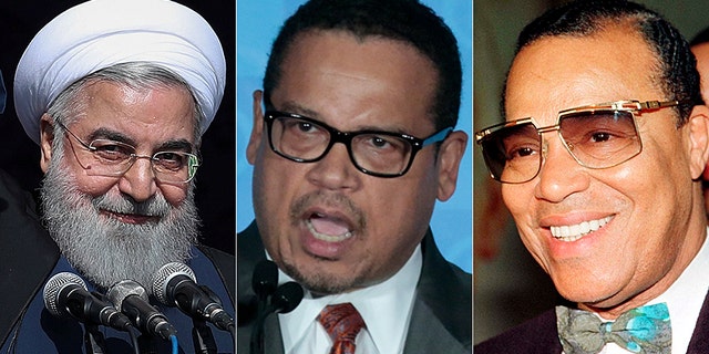 Iranian President Hassan Rouhani, left, invited Rep. Keith Ellison, center, and Louis Farrakhan, right, among others to a dinner in 2013.