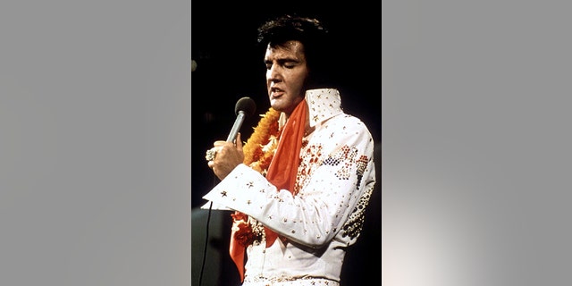 Elvis Presley performs in concert during his 'Aloha From Hawaii' 1972 television special.