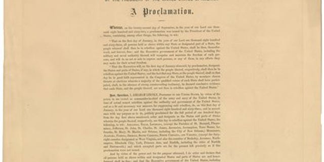 June 26, 2012: This undated photo provided by Seth Kaller, Inc., shows a rare original copy of President Abraham Lincoln's Emancipation Proclamation, which sold at a New York auction for more than $2 million.
