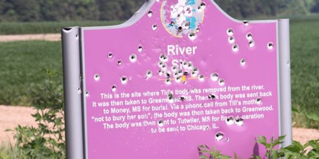 This undated photo shows a sign marking the spot where Emmett Till's body was found in Mississippi on Aug. 31, 1955