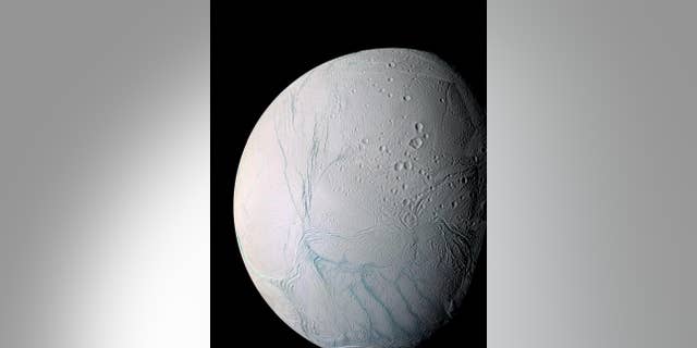 Observations by NASA's Cassini probe have revealed "tiger stripe" features near the south pole of the Saturn moon Enceladus. Water vapor and other materials from the moon's subsurface ocean jet into space from these fractures.