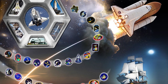 NASA's tribute art for space shuttle Endeavour depicting OV-105 and its 25 mission patches.