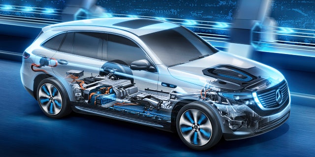 Der Mercedes-Benz EQC trägt an Vorder- und Hinterachse je einen kompakten elektrischen Antriebsstrang (eATS) und hat damit die Fahreigenschaften eines Allradantriebs. Die intelligente Steuerung erlaubt über einen weiten Betriebsbereich eine dynamische Momentenverteilung zwischen den beiden angetriebenen Achsen und schafft so die Voraussetzungen für hohe Fahrdynamik. Kernstück des Mercedes-Benz EQC ist die im Fahrzeugboden angeordnete Lithium-Ionen-Batterie aus eigener Produktion. Der neue Mercedes-Benz ECQ (Stromverbrauch kombiniert: 22,2 kWh/100 km; CO2 Emissionen kombiniert: 0 g/km, Angaben vorläufig) // The EQC has a compact electric powerpack at each axle, giving the vehicle the driving characteristics of an all-wheel drive. Over a wide operating range, the intelligent control allows dynamic torque distribution between the two driven axles, creating the conditions for high vehicle dynamics. The centrepiece of the Mercedes-Benz EQC is the lithium-ion battery from in-house production housed in the vehicle floor. The new Mercedes-Benz EQC (combined power consumption: 22.2 kWh/100 km; combined CO2 emissions: 0 g/km, provisional figures)