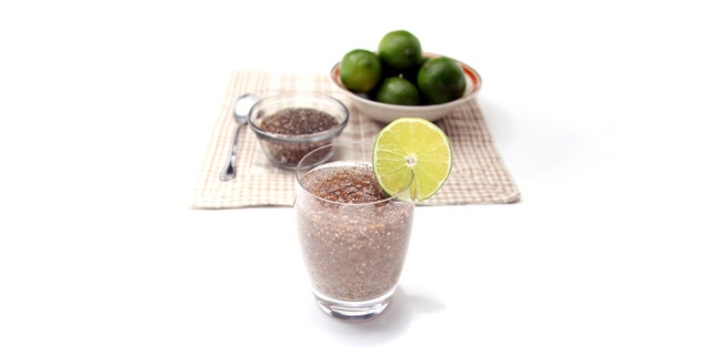Chia fresca with a lime slice on the rim of the glass.