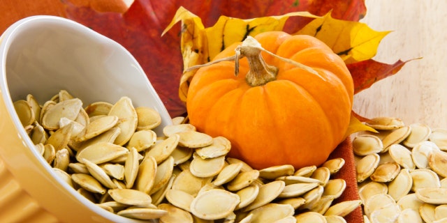 Colorful autumn still life with a yellow bowl overflowing with pumpkin seeds