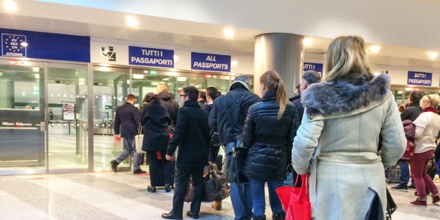 Passport control in Malpensa Airport, Milan, Italy