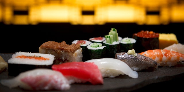 Sushi plate in a Tokyo restaurant.