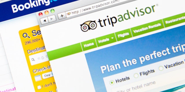 Florence, Italy - May 2, 2013: Close up of the most famous website for searching travel deals on the web browser. The image show Hotels.com, Kayak, last minute.com, booking.com, and tripadvisor. These are the best way on the web to find the right deals on hotel, flights and for rent a car. Safari web browser.