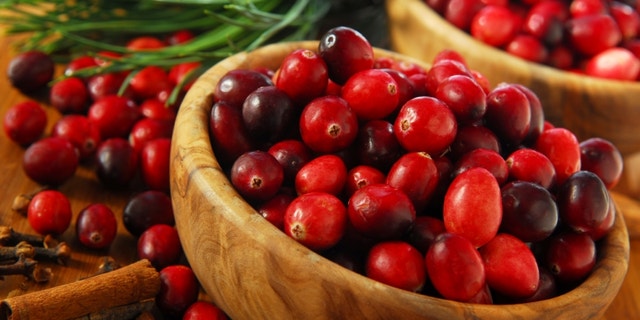 Fresh red cranberries in wooden bowls with spices and pine branches