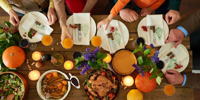 High angle view of family dinner