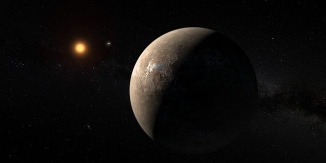This artist's impression shows the planet Proxima b orbiting the red dwarf star Proxima Centauri, the closest star to the Solar System. The double star Alpha Centauri AB also appears in the image between the planet and Proxima itself.